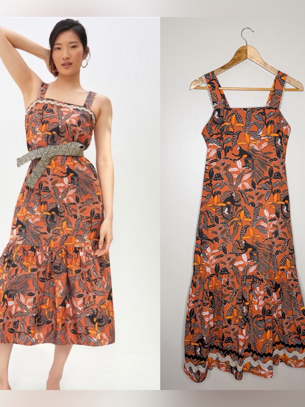 Anthropologie Corey Lynn‎ Calter Monkey Print Cotton Tiered Midi Dress XS